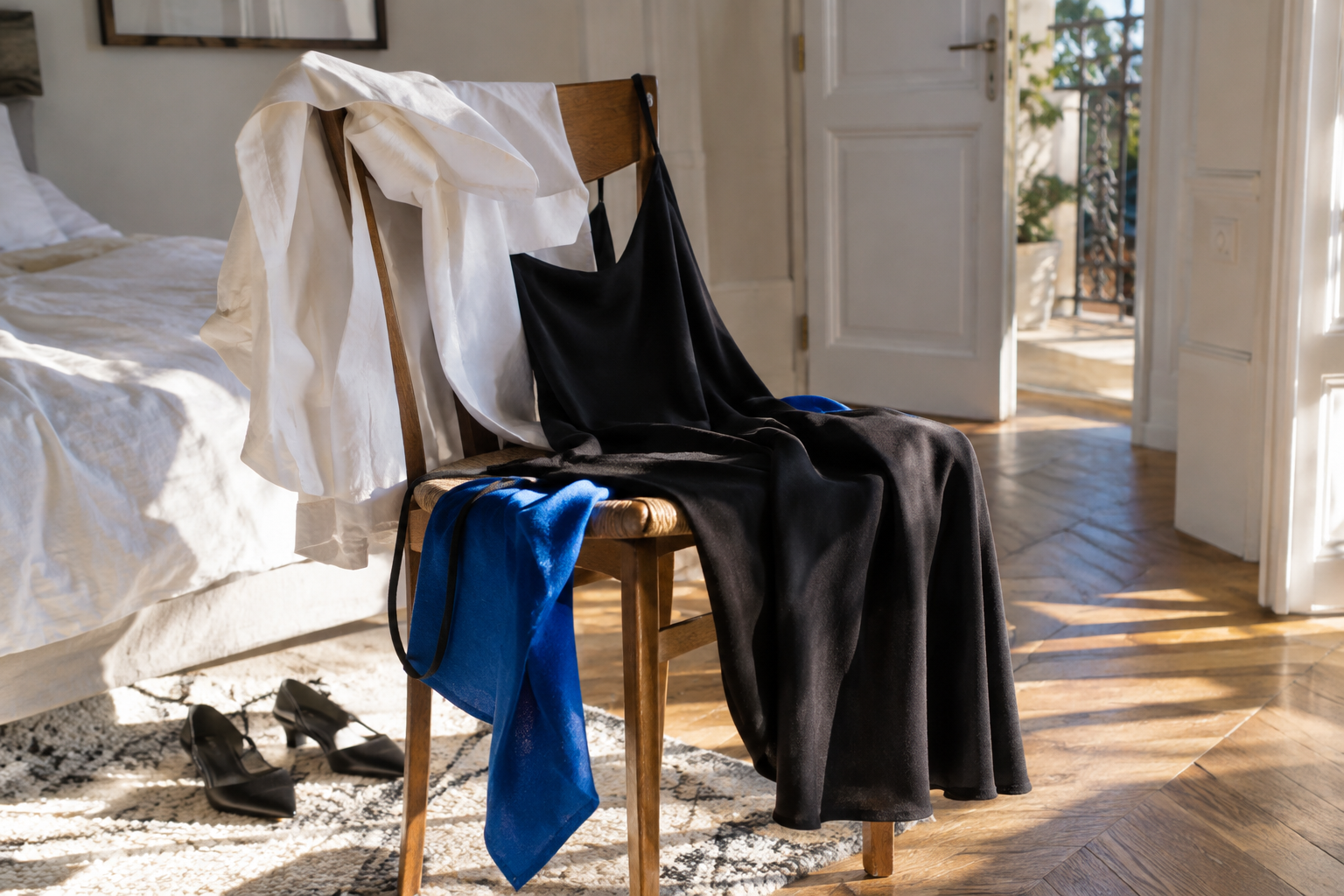 Vestiaire de vêtements près d’une fenêtre, dans la lumière du matin.