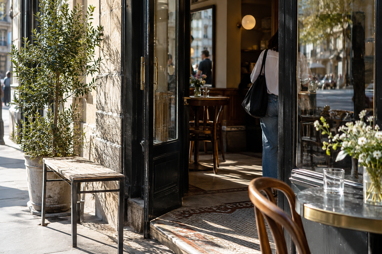 Entrée d’un café parisien, passants et lumière de fin de matinée.