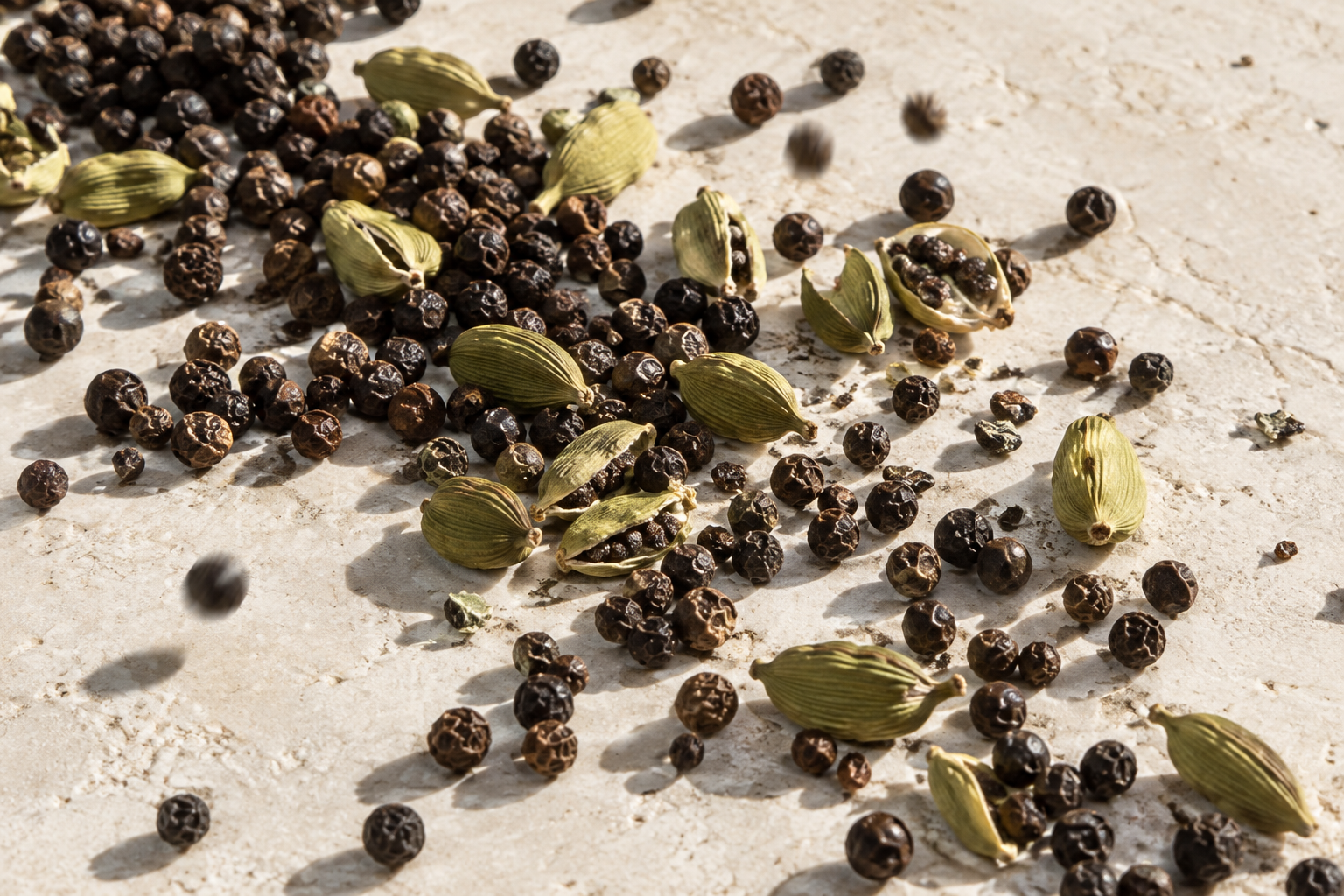Poivre et cardamome dispersés sur une surface claire.
