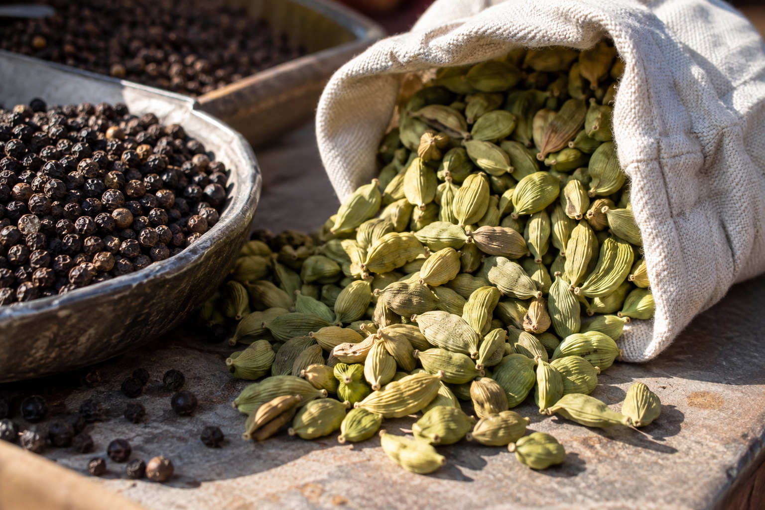 Cardamome et poivre sur une table de marché.