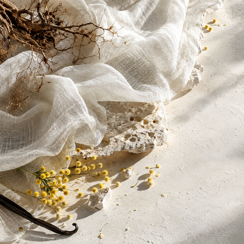Tissu blanc, fleurs de mimosa et pierre dans la lumière.